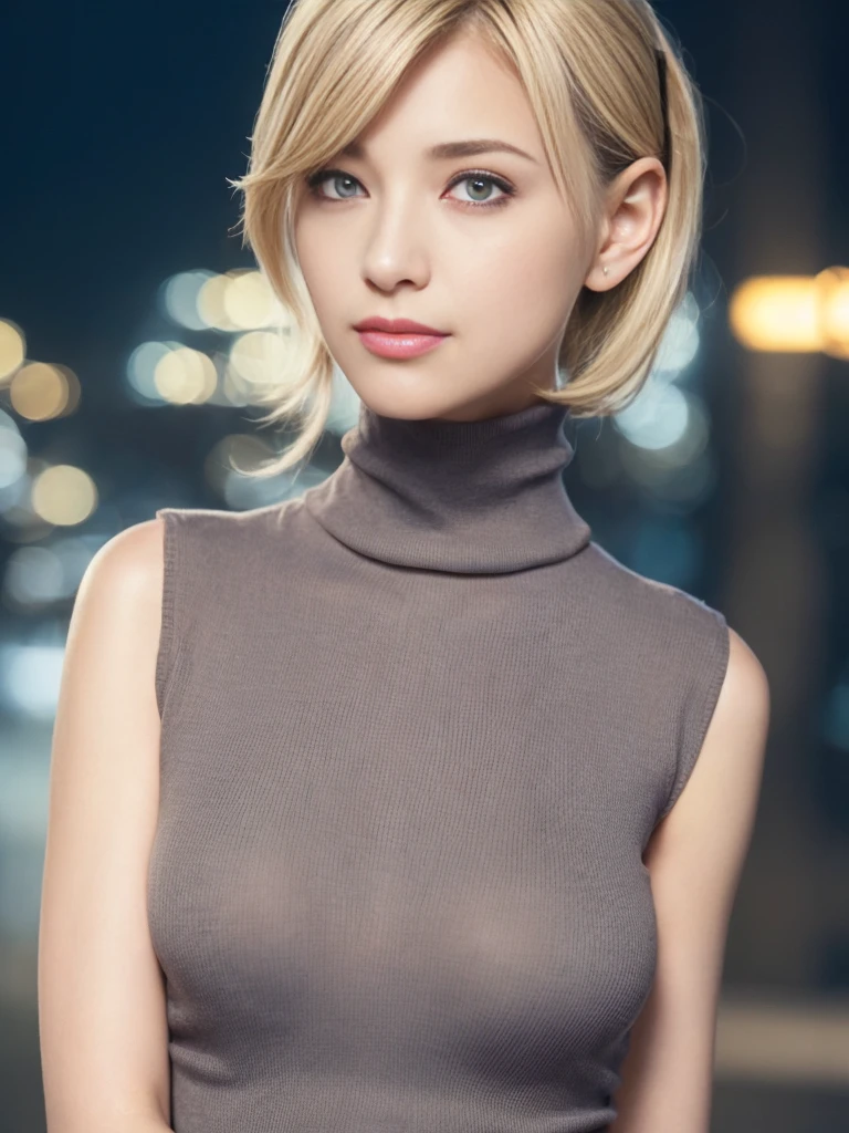 1 girl,(Wearing a sleeveless turtleneck sweater:1.4),(RAW photo, highest quality), (realistic, photo-realistic:1.4), masterpiece, very delicate and beautiful, very detailed, 2k wallpaper, wonderful, finely, very detailed CG unity 8k wallpaper, super detailed, High resolution, soft light, beautiful detailed girl, very detailed eyes and face, beautifully detailed nose, beautiful and fine eyes,cinematic lighting,city light at night,perfect anatomy,slender body,close,(smile),blonde hair,hands folded behind her back