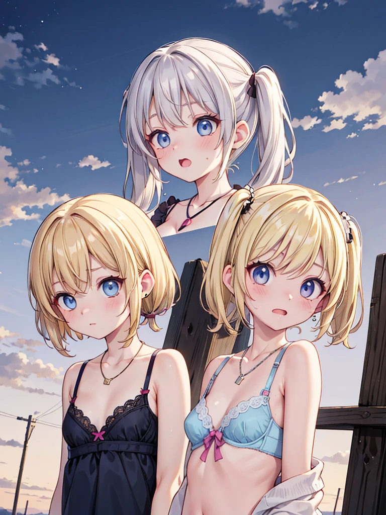 Absurd, Very detailed,Bright colors, Very beautiful and detailed anime faces and eyes, Look straight, ;d, Shiny_skin,Age 25, short hair, , Asymmetrical bangs, (Blonde short twin tails:1.4),(I wear clothes:1.7),(Bra very:1.4),Shiny hair, Delicate and beautiful face,(surprised:1.7) ,blush、blue eyes, White skin, Valletta, Earrings, necklace,(Brown sleeveless:1.2), Beautiful Clouds, Twilight Sky,