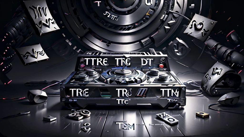 (DTG: 1.8), (DTG letters: 1.8), (Three letters: 1.8), DJ set, Music, cassette, CD Player, Futuristic device for music playing, Music reproducer, Lo-fi, writing, abstract, colorful, high resolution, high quality, neon colors, dark grey background, black grey grdient
