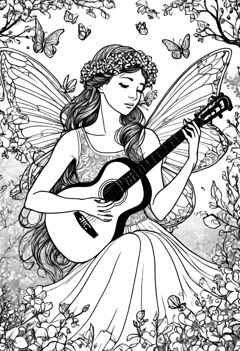 A fairy serenading the forest with a magical song as flowers bloom around her, clean line art, white background, colouring page, clean outline, sketch style, floral frame, decorative panel, abstract ,sketch, character lines and scenes without colors and shadows. (Masterpiece, Best Quality, Highres:1.4), Detailed, Intricate Details, 4K, color splashes, line art