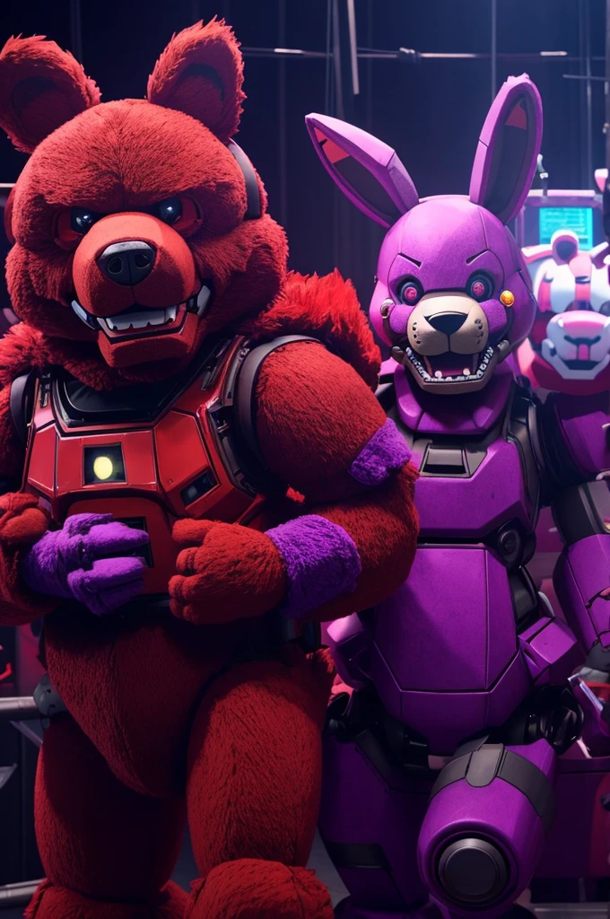 Terrifying animatronic red bear with an animatronic purple rabbit at his side. FNAF style