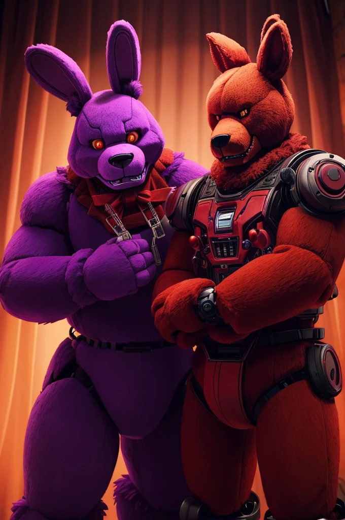 Terrifying animatronic red bear with an animatronic purple rabbit at his side. FNAF style