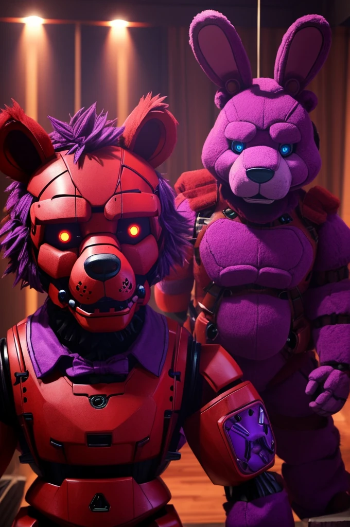 Terrifying animatronic red bear with an animatronic purple rabbit at his side. FNAF style