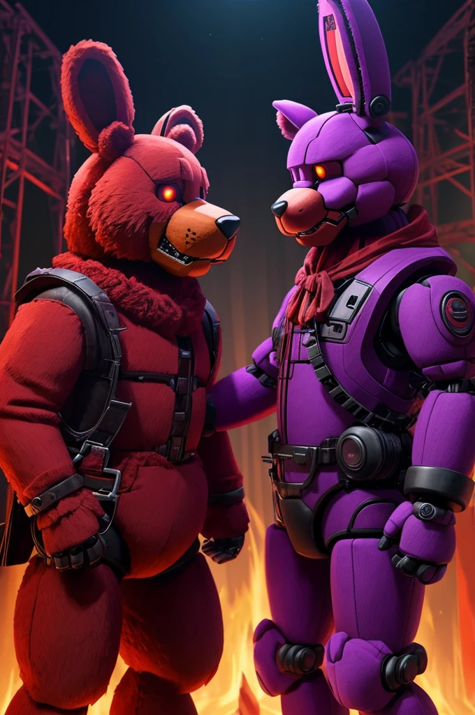 Terrifying animatronic red bear with an animatronic purple rabbit at his side. FNAF style