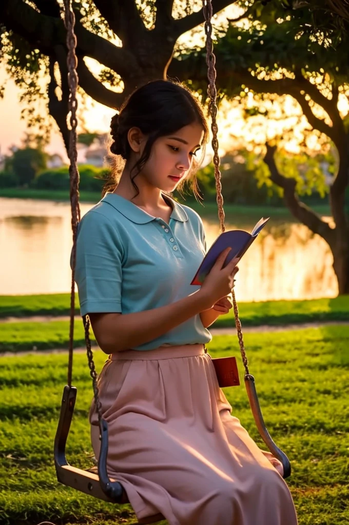 a girl sitting on a swing reading a book at dusk, real movie scene, reading a book, reading under a tree, movie screenshot, real movie scene, opening scene, movie promotional photo, movie screenshot, the aesthetics of storytelling, children's literature, movie screenshot, magical scene