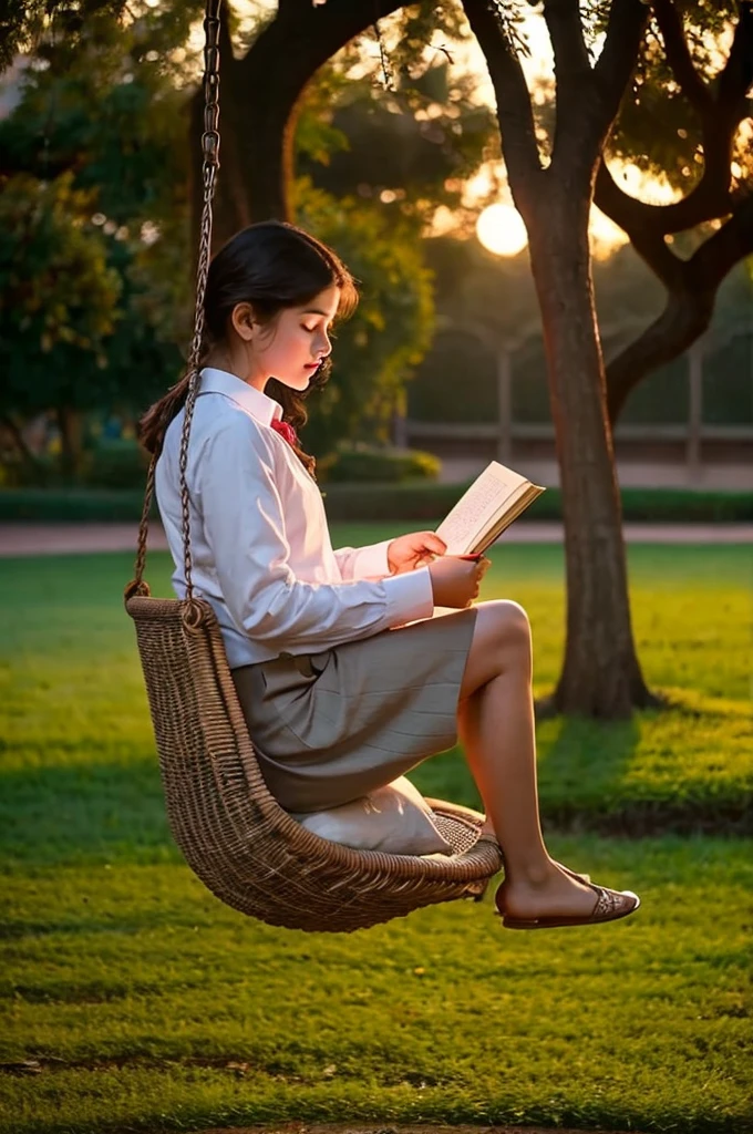 a girl sitting on a swing reading a book at dusk, real movie scene, reading a book, reading under a tree, movie screenshot, real movie scene, opening scene, movie promotional photo, movie screenshot, the aesthetics of storytelling, children's literature, movie screenshot, magical scene