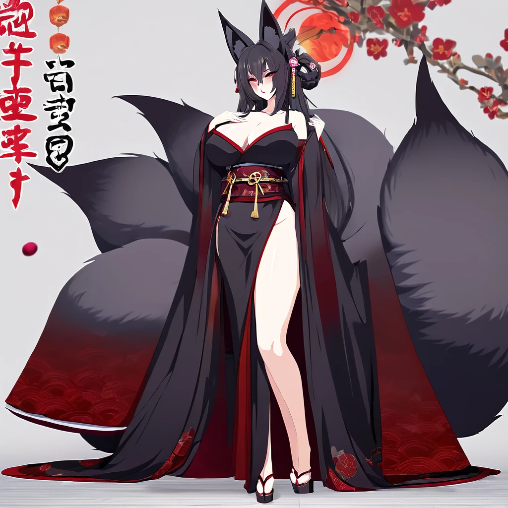 Beautiful black Kitsune, red eyes, highly detailed face, highly detailed eyes, big breasts, sexy figure, mature woman, several black kitsune tails, soft long Black Kitsune ears, Wearing red and black open shoulders kimono, wide waist, full body