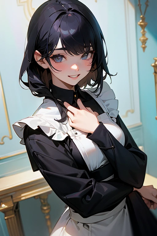 (Highest Resolution, clear_image) Highest quality, single, One woman, alone, masterpiece, Very detailed, Semi-realistic, Black Hairのショートヘア, Black Hair, bangs, 18-year-old, mature, light blue , Indoor Background, kind, Authoritative, Powerful, exquisite features, exquisite features、Eyelashes become longer、Showing teeth、smile😀、Maid clothes、woman&#39;Fingers in the、Sleeping on the sofa、Long Hair、Fluttering in the wind、((Off-the-shoulder clothing))