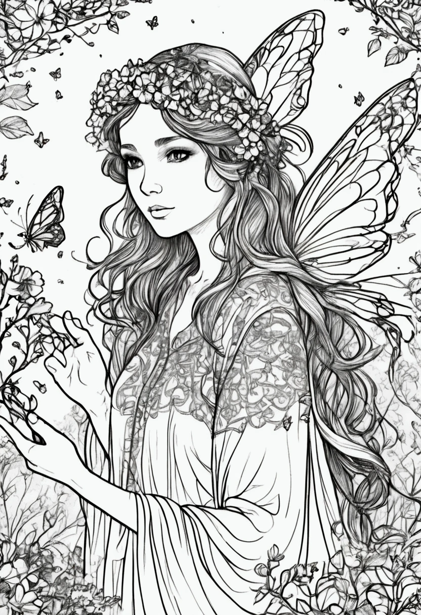 A fairy serenading the forest with a magical song as flowers bloom around her, clean line art, white background, colouring page, clean outline, sketch style, floral frame, decorative panel, abstract ,sketch, character lines and scenes without colors and shadows. (Masterpiece, Best Quality, Highres:1.4), Detailed, Intricate Details, 4K, color splashes, line art