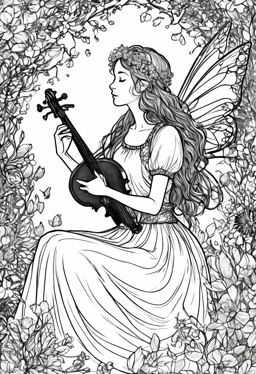 A fairy serenading the forest with a magical song as flowers bloom around her, clean line art, white background, colouring page, clean outline, sketch style, floral frame, decorative panel, abstract ,sketch, character lines and scenes without colors and shadows. (Masterpiece, Best Quality, Highres:1.4), Detailed, Intricate Details, 4K, color splashes, line art