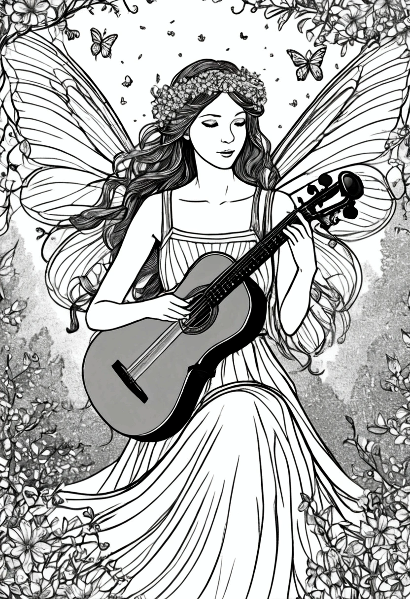 A fairy serenading the forest with a magical song as flowers bloom around her, clean line art, white background, colouring page, clean outline, sketch style, floral frame, decorative panel, abstract ,sketch, character lines and scenes without colors and shadows. (Masterpiece, Best Quality, Highres:1.4), Detailed, Intricate Details, 4K, color splashes, line art