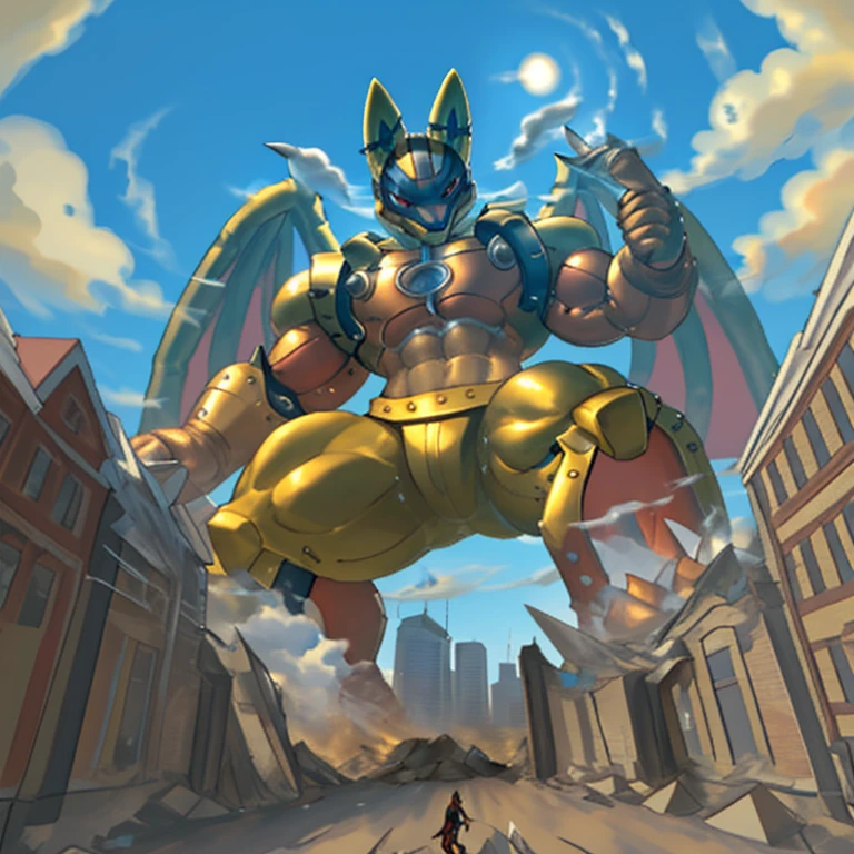 (Solo. masterpiece. official art. 8k. best quality. detailed full body. full body.)
(situation 1 : dominating Shiny_Mega_Lucario. focus GIANT mechanical Muscular Shiny_Mega_Lucario is trampling the CITY. macro. stomp. Low-angle perspective. emphasizing the immense size. The perspective is from below, emphasizing the sheer majesty and power of the Giant. giant art. He is much bigger than a skyscraper. Giga Giants. micro soccer field. looking down.)

(situation 2 :smoke and flames rising from the destruction in the city)
(Additional details 1: wearing a full-face helmet. golden armor. high-tech bio-mecha armor. real texture material.).

(Additional details 2: (Detailed head. Detailed Body. Detailed abs. gigantic muscles. HYPER MUSCLES. Gigachad Muscular. big muscle. pecs. triceps. traps. unusually developed muscular body. body full of huge muscles. showing off muscles. pectorales enormes. Exaggeratedly huge muscles. huge muscles. long legs.).

(Additional details 3: nj5furry, Spread wings. It has wings. golden have big wings. The claws are sharp. Sharp teeth.). 