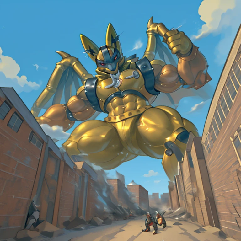 (situation 1 : dominating Shiny_Mega_Lucario. Shiny_Mega_Lucario is over 1000 meters long. focus GIANT mechanical Muscular Shiny_Mega_Lucario is trampling the city. Looking down. macro. stomp. Low-angle perspective. emphasizing the immense size.)

(situation 2 :smoke and flames rising from the destruction in the city)

(Additional details 1: wearing a full-face helmet. golden armor. Armored Flazzard. Armored_Flazzard. high-tech bio-mecha armor. real texture material. whole body shines like metal. Wearing cyberpunk mecha. emphasizes the muscles. suit fully made of metal. intricate armor. Robotic suit. suit fully made of metal. cyborg. no face.).

(Additional details 2: (Detailed head. Detailed Body. Detailed abs. gigantic muscles. HYPER MUSCLES. Gigachad Muscular. big muscle. pecs. triceps. traps. unusually developed muscular body. body full of huge muscles. showing off muscles. pectorales enormes. Exaggeratedly huge muscles. huge muscles. long legs.).

(Additional details 3: Spread wings. It has wings. have big wings. The claws are sharp. Sharp teeth).

(Additional details 4: golden hyper penis. hyper golden penis. big penis)