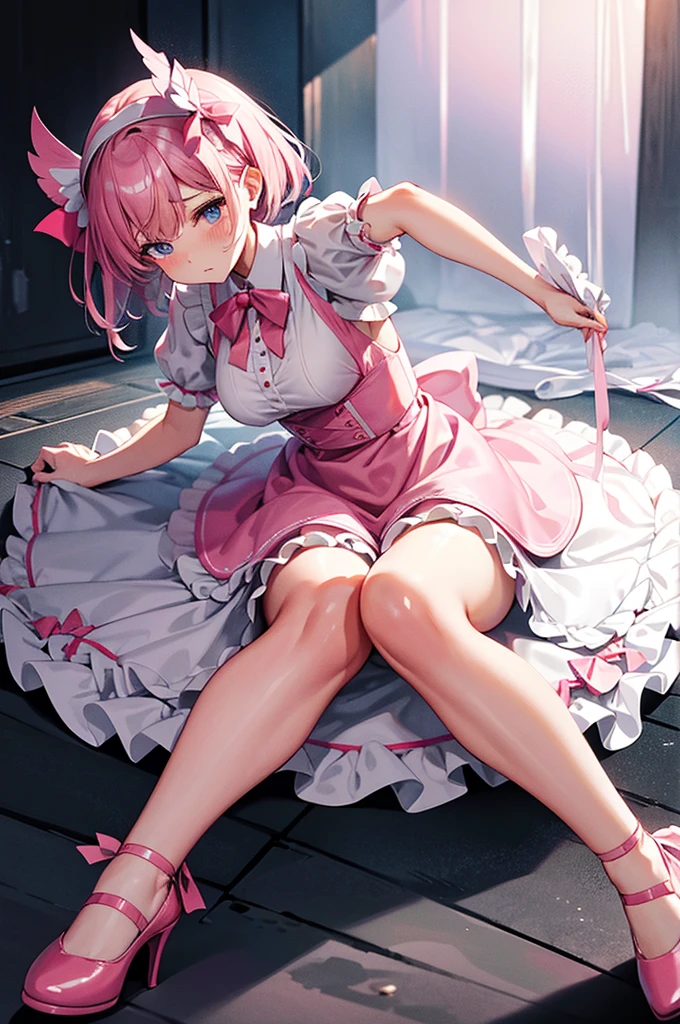 Pink hair loli, wearing a maid outfit, Kneeling, Legs and five fingers, More meat, Cute 2D, backgroundbacklitHD ，top-quality，超A high resolution，Beautiful Beautiful Girl， huge tit，