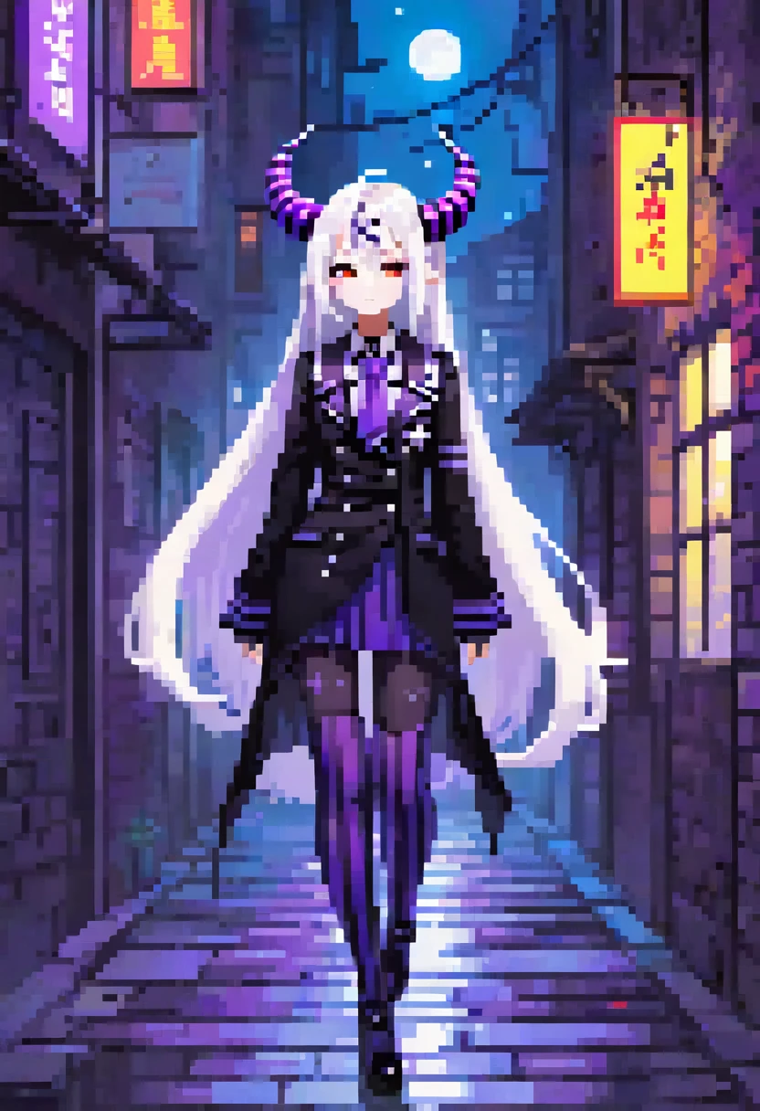 1girl, Neon Night、neon sign、City、red and blue light、Laplus Darknesss、A detailed illustration of a character with long white hair and black and purple striped horns. She is wearing a black outfit with a purple sailor-style collar and a yellow tie. Her outfit features star decorations, and she has asymmetric tights with one leg in black and the other in white. The character has a gothic, mystical aesthetic and stands in an alleyway with a serious expression.
