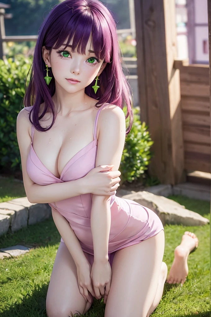 Highly Detailed CG Unity 8K Wallpaper, Cute One Lady, Mature hair、Lady ,beautiful Lady, Pale skin (super masterpiece, Beautiful person, A dirty smile on a well-drawn face, Realistic, Surreal), Perfect hands、Five Fingers、Perfect hands、Perfect Legs、Perfect toes、
((20-year-old、Pink gorgeous dresses 、Best Bust、(Bust 85cm)、(Middle chest)、
Open your chest wide、happiness、Slender、Embarrassed face、Earrings、Kneel,Get closer to your audience、The gesture of pulling up the hair:1.3))、(Crying face:1.5)、
high quality、Visual Arts、Romance movie style、
(European countryside))、Cleavage,Cleavage cutout、(Sweaty all over:1.5)、
(Shinobu Miyake:1.5, Long Hair, bangs, Purple Hair, (Green Eyes:1.5))