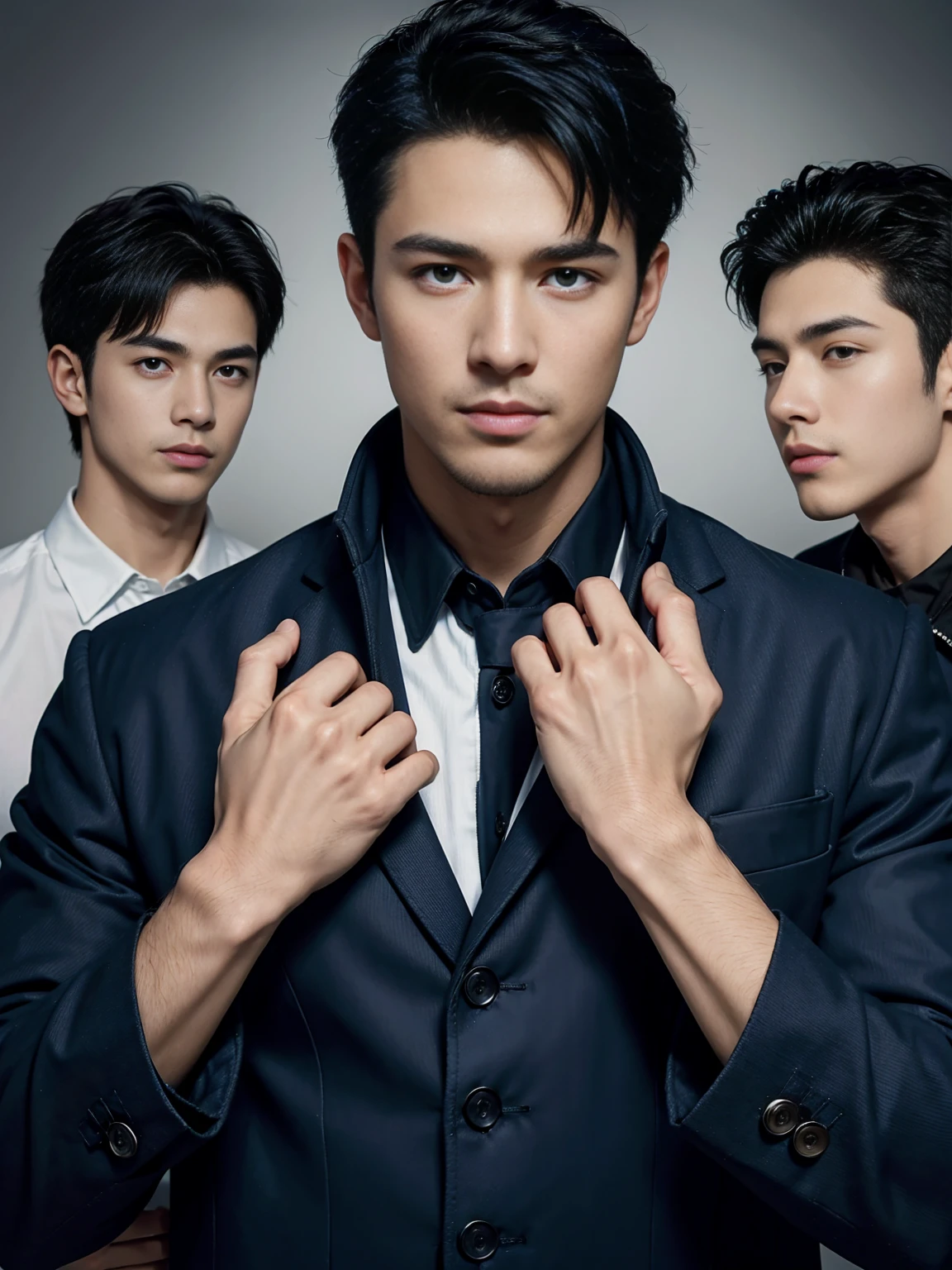 ((masterpiece)),((best quality)),8K,high detail,Very detailed, Very manly，3 men, like，fashion pose, Realistic skin texture, Light,
Royal blue style couple，Perfect hand details