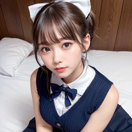((Highest quality, 8K, masterpiece: 1.3)), Sharp focus: 1.2, View your viewers, Perfect Style, (((Spread your legs on the bed, Sit with your knees bent))), (Open your mouth: 1.5), (close your eyes: 0.88), 魅力的なwomanらしいボディ, beautiful, (Ultra-realistic), (Realistic), (Increased resolution), (8K), (Very detailed), (Best Photos), (Beautiful and exquisite), (Highest quality), (Very detailedな), (masterpiece), (Detailed face), alone, 1. woman, 10th Generation, beautiful, Japanese,Fine details, Detailed face, Pure erotic face ace, smile, ((High quality fabric, Brown knitted vest, A short-sleeved white collared shirt with a sleeveless chest cut-out, Navy Pleated Skirt, Navy bow tie)), Long legs, Tight waist, Hip, Ultra-fine makeup, Ultra-fine fiber material, (From above:1.5), (Attractive breasts, G-Cup), (Face Focus, Upper Body)