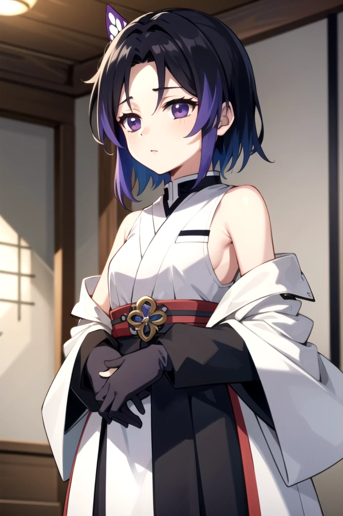 EFT_Shinobu, 1girl, kochou shinobu, demon slayer uniform, butterfly hair ornament, solo, hair ornament, purple hair, multicolored hair, purple eyes, black hair, japanese clothes, gradient hair, belt, short hair, sheath, long sleeves, empty eyes, parted bangs, jacket, no pupils, bangs, white belt, blurry background, indoors, upper body, blurry. standing, hands down, crop top, bare shoulder