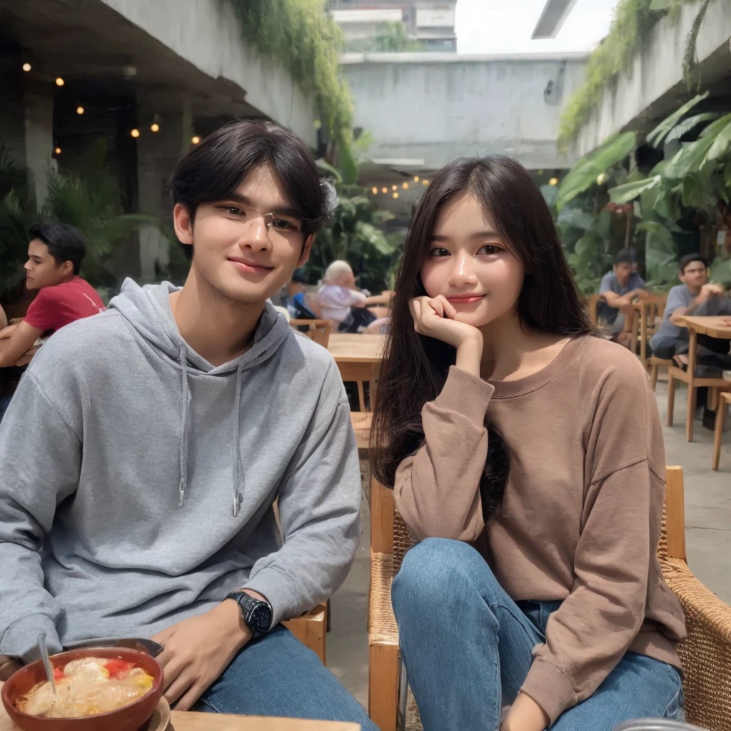 young couple, Indonesia, wearing casual clothes sitting on a cafe chair, faint smile cafe page background, There are 2 glasses of juice on the table, very detailed 8k