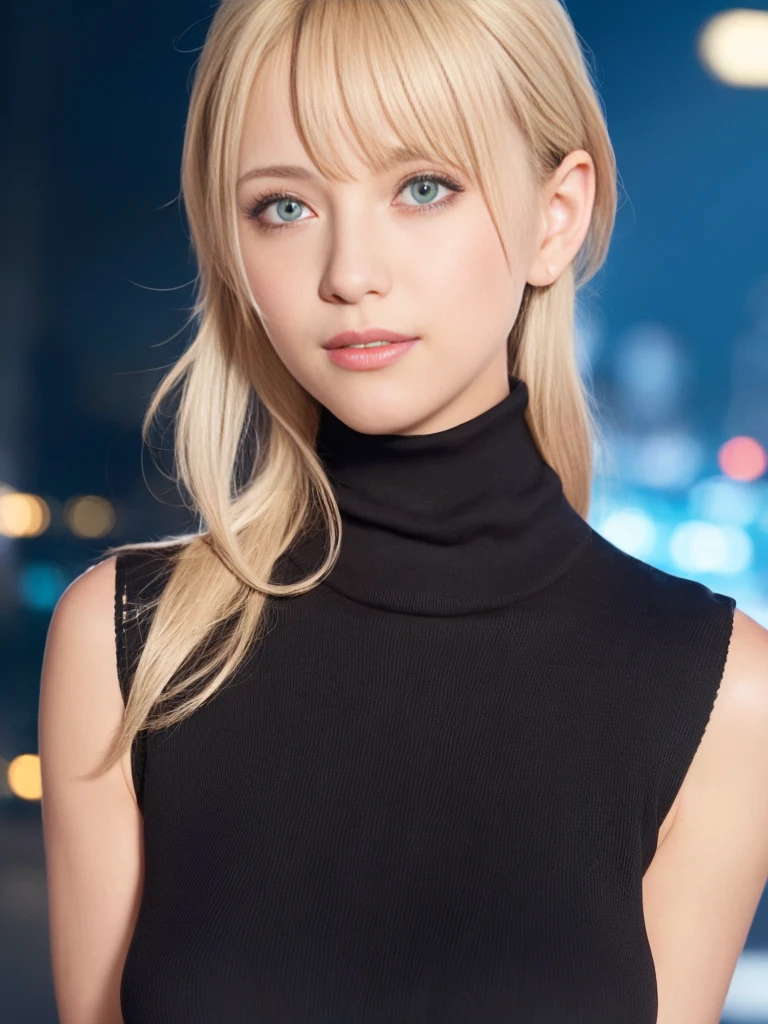 1 girl,(Wearing a sleeveless turtleneck sweater:1.4),(RAW photo, highest quality), (realistic, photo-realistic:1.4), masterpiece, very delicate and beautiful, very detailed, 2k wallpaper, wonderful, finely, very detailed CG unity 8k wallpaper, super detailed, High resolution, soft light, beautiful detailed girl, very detailed eyes and face, beautifully detailed nose, beautiful and fine eyes,cinematic lighting,city light at night,perfect anatomy,slender body,close,(smile),blonde hair,hands folded behind her back