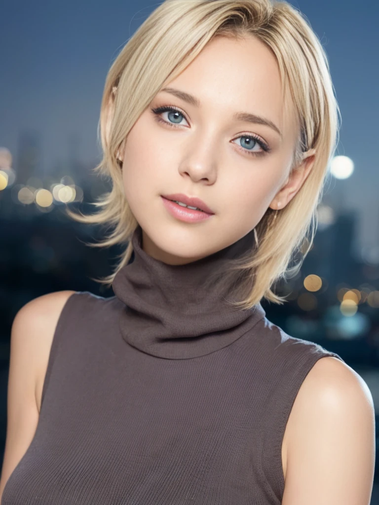 1 girl,(Wearing a sleeveless turtleneck sweater:1.4),(RAW photo, highest quality), (realistic, photo-realistic:1.4), masterpiece, very delicate and beautiful, very detailed, 2k wallpaper, wonderful, finely, very detailed CG unity 8k wallpaper, super detailed, High resolution, soft light, beautiful detailed girl, very detailed eyes and face, beautifully detailed nose, beautiful and fine eyes,cinematic lighting,city light at night,perfect anatomy,slender body,close,(smile),blonde hair,hands folded behind her back