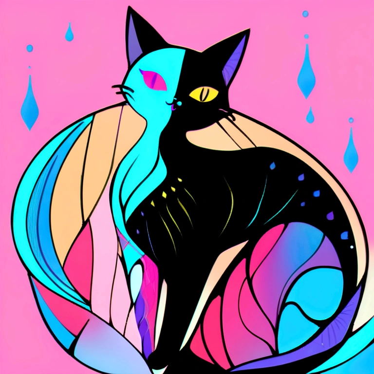 Cats in art, Main color Black, Secondary color cyan, Pastel pink background, Artistic, Sophisticated, Warm style, It also includes an abstract cat shape., Playful form, Elegant piece, Textures include fur textures, Smooth painting, Fabric texture, Beautiful lines are drawn, Natural Curves, Delicate silhouette, Elegant shape, Approachable, Expressive, beautiful.
