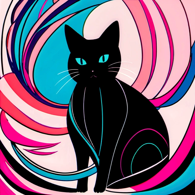 Cats in art, Main color Black, Secondary color cyan, Pastel pink background, Artistic, Sophisticated, Warm style, It also includes an abstract cat shape., Playful form, Elegant piece, Textures include fur textures, Smooth painting, Fabric texture, Beautiful lines are drawn, Natural Curves, Delicate silhouette, Elegant shape, Approachable, Expressive, beautiful.
