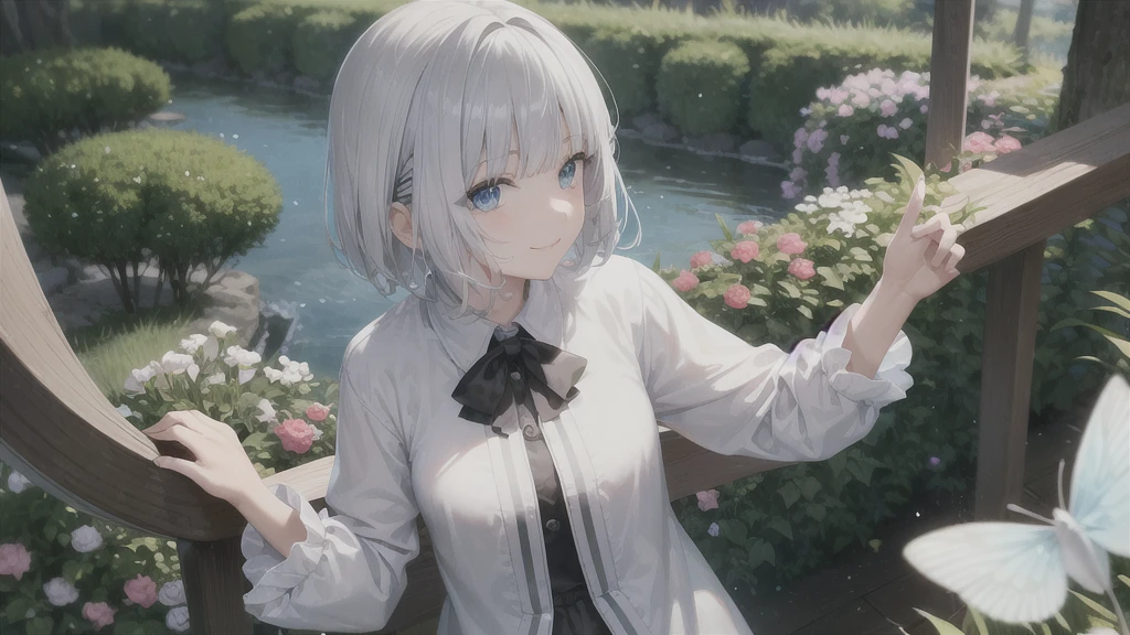 Ultra HD,Look at the viewers, Put your hands behind your back, With a girl, 20-year-old, 非常にShort Hair, Long bangs between the eyes, Pale blue eyes,  Very detailed,(masterpiece、Highest quality),Gray Hair、Laughter、Fantastic, Silver Hair, Iris,  Short hair、 Fluttering Hair、Small Face、明るいsmile、(Detailed face) ,Professional Lighting,Wonderful landscape,blue sky, sunlight,Looking down from above,Portraiture、Open your mouth、Flower Field、Her eyes were shining、Mysterious and enchanting atmosphere。With AI Painting、とてもShort Hair, Long bangs between the eyes, Very detailed,(masterpiece、Highest quality)、alone、Gray Hair、Fantasy, Silver Hair, Fantasyな風景、White shirt、smile、Open your mouth、short hair、Short Hair、hairpin、black eye、Grey Eyes、Beautiful Eyes、