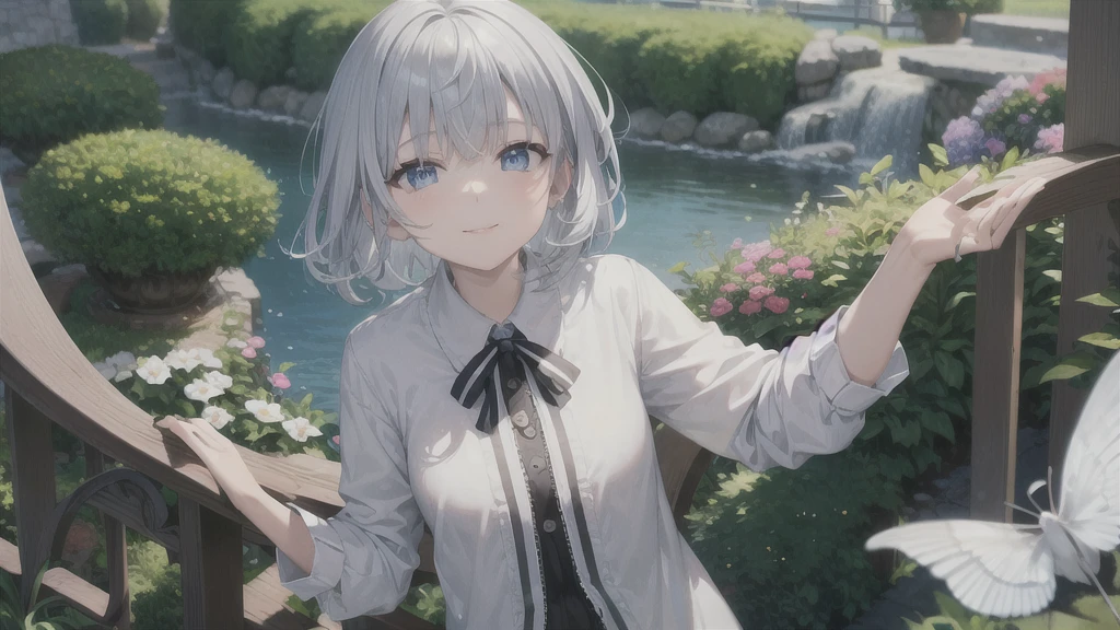 Ultra HD,Look at the viewers, Put your hands behind your back, With a girl, 20-year-old, 非常にShort Hair, Long bangs between the eyes, Pale blue eyes, Very detailed,(masterpiece、Highest quality),Gray Hair、Laughter、Fantastic, Silver Hair, Iris, Short hair、 Fluttering Hair、Small Face、明るいsmile、(Detailed face) ,Professional Lighting,Wonderful landscape,blue sky, sunlight,Looking down from above,Portraiture、Open your mouth、Flower Field、Her eyes were shining、Mysterious and enchanting atmosphere。With AI Painting、とてもShort Hair, Long bangs between the eyes, Very detailed,(masterpiece、Highest quality)、alone、Gray Hair、Fantasy, Silver Hair, Fantasyな風景、White shirt、smile、Open your mouth、short hair、Short Hair、hairpin、black eye、Grey Eyes、Beautiful Eyes、