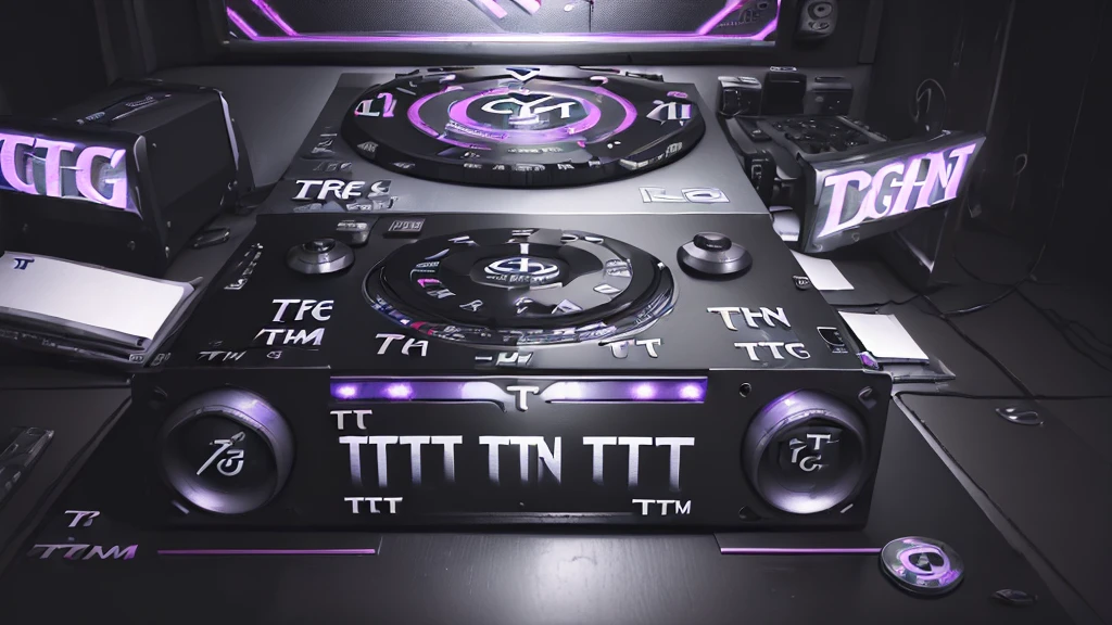 (DTG: 1.8), (DTG letters: 1.8), (Three letters: 1.8), DJ set, Music, cassette, CD Player, Futuristic device for music playing, Music reproducer, Lo-fi, writing, abstract, colorful, high resolution, high quality, neon colors, dark grey background, black grey grdient