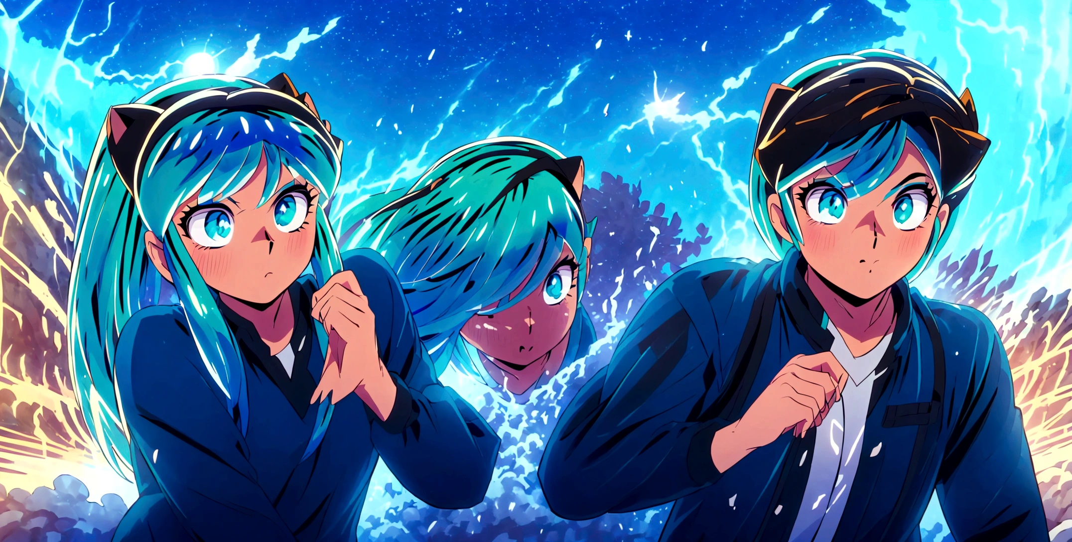 (score_9, score_8_up, score_7_up), AtaruMoroboshi,1boy, a boy on a motorcycle carrying a girl, boy wearing helmet, BREAK, lum,1girl, long hair, bangs, blue hair, blue eyes, aqua hair, horns, eyeshadow, large breasts, looking at viewer, blush, not wearing helmet, beautiful detailed face, beautiful detailed eyes, extremely detailed face, photorealistic, high quality, 8k, masterpiece, cinematic lighting, vibrant colors, dramatic lighting, epic, adventure, motion blur, dynamic composition, detailed background, lush vegetation