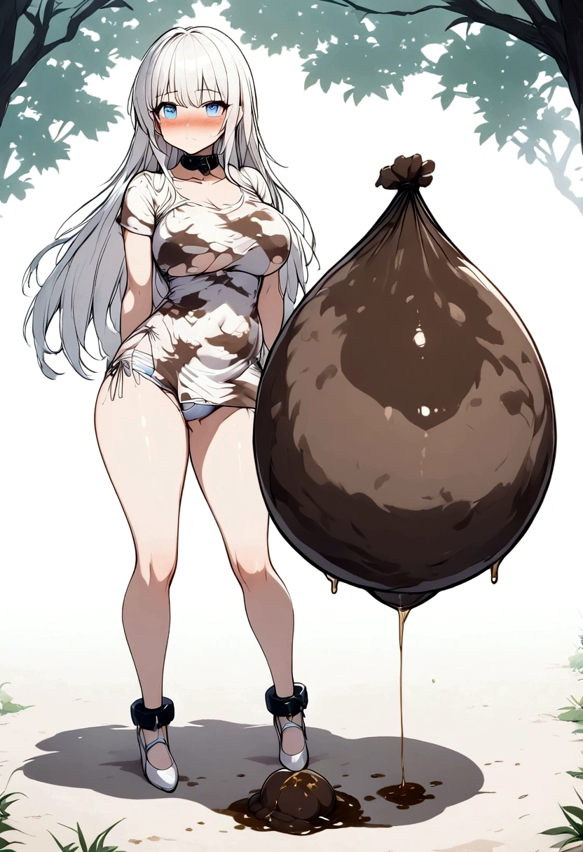 Anime. Girl. . Slave. Ssbbw. White hair. Long hair. Blue eyes. Beautiful eyes. Slave collar. Shackles. Dirty tunic. Ugly panties. Torn panties. Torn tunic. Cold. Runny nose. Nasal mucus. Snot. Sneeze. Sneeze snot. To fart. Pee. Poop. She sneezed. Farted. I peed myself. I crap myself. Scat. Standing. Full body. Snot flows from the nose.