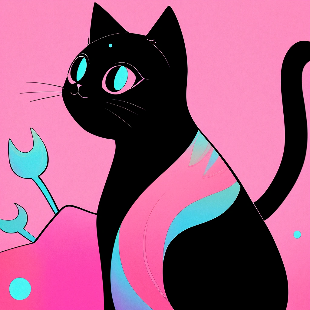 Cats in art, Main color Black, Secondary color cyan, Pastel pink background, Artistic, Sophisticated, Warm style, It also includes an abstract cat shape., Playful form, Elegant piece, Textures include fur textures, Smooth painting, Fabric texture, Beautiful lines are drawn, Natural Curves, Delicate silhouette, Elegant shape, Approachable, Expressive, beautiful.