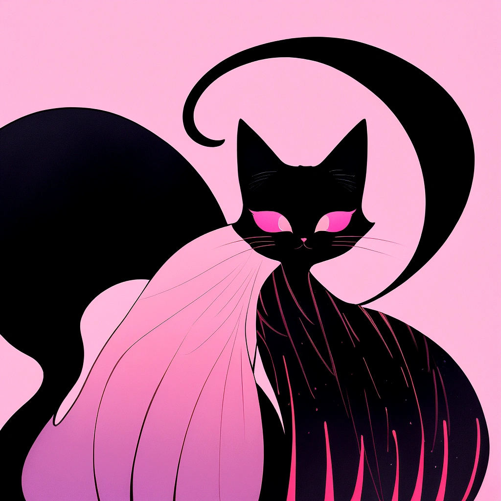 Cats in art, Main color Black, Secondary color cyan, Pastel pink background, Artistic, Sophisticated, Warm style, It also includes an abstract cat shape., Playful form, Elegant piece, Textures include fur textures, Smooth painting, Fabric texture, Beautiful lines are drawn, Natural Curves, Delicate silhouette, Elegant shape, Approachable, Expressive, beautiful.