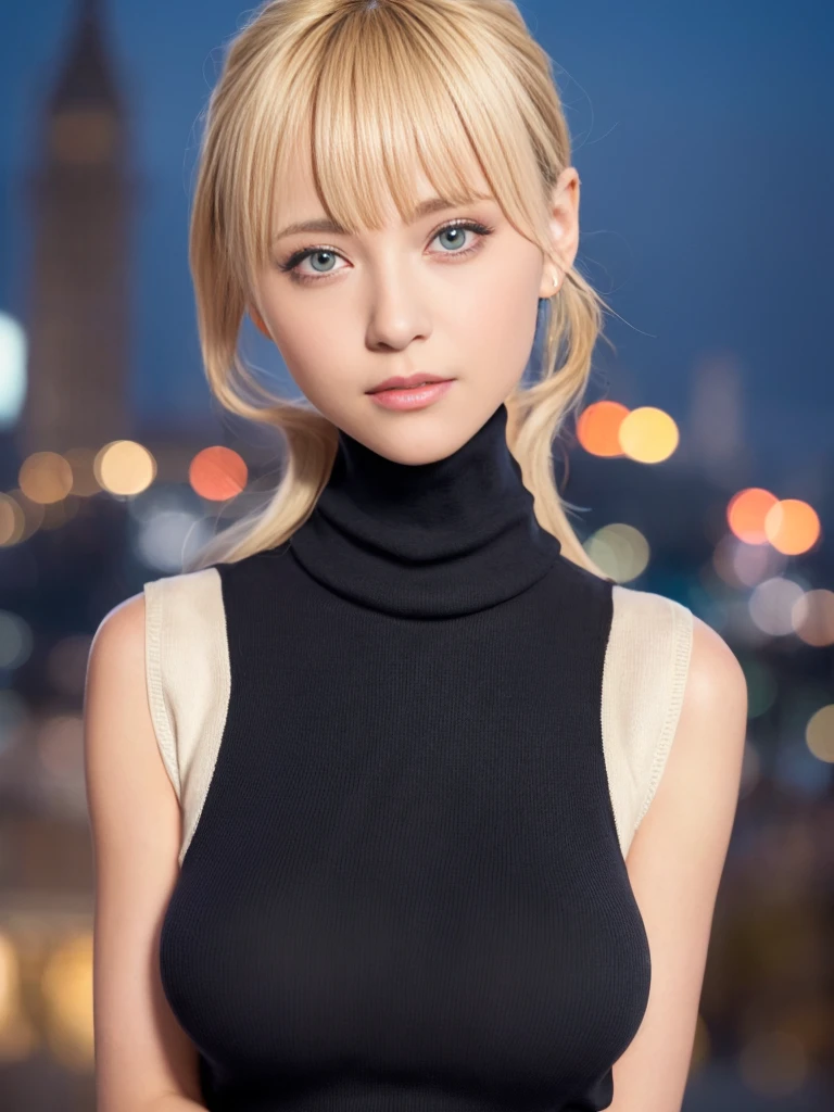 1 girl,(Wearing a sleeveless turtleneck sweater:1.4),(RAW photo, highest quality), (realistic, photo-realistic:1.4), masterpiece, very delicate and beautiful, very detailed, 2k wallpaper, wonderful, finely, very detailed CG unity 8k wallpaper, super detailed, High resolution, soft light, beautiful detailed girl, very detailed eyes and face, beautifully detailed nose, beautiful and fine eyes,cinematic lighting,city light at night,perfect anatomy,slender body,close,(smile),blonde hair,hands folded behind her back