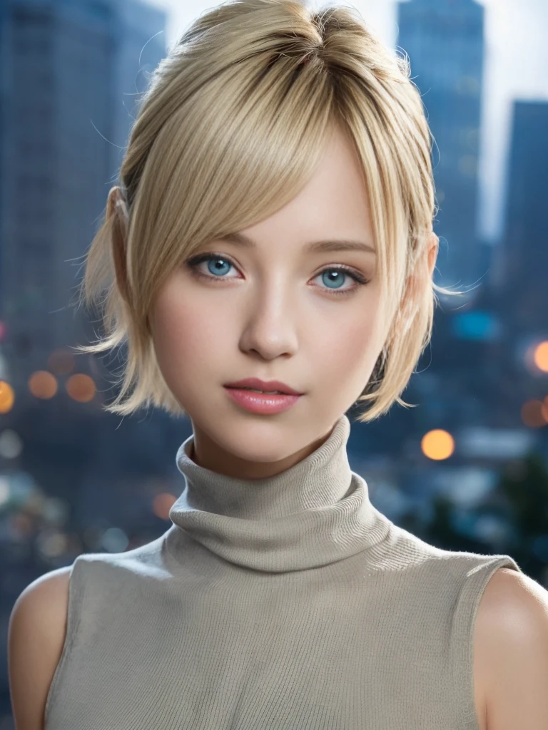 1 girl,(Wearing a sleeveless turtleneck sweater:1.4),(RAW photo, highest quality), (realistic, photo-realistic:1.4), masterpiece, very delicate and beautiful, very detailed, 2k wallpaper, wonderful, finely, very detailed CG unity 8k wallpaper, super detailed, High resolution, soft light, beautiful detailed girl, very detailed eyes and face, beautifully detailed nose, beautiful and fine eyes,cinematic lighting,city light at night,perfect anatomy,slender body,close,(smile),blonde hair,hands folded behind her back