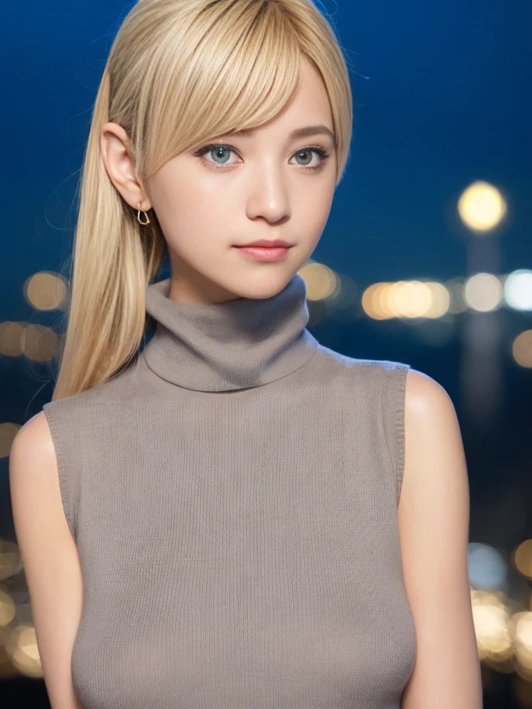 1 girl,(Wearing a sleeveless turtleneck sweater:1.4),(RAW photo, highest quality), (realistic, photo-realistic:1.4), masterpiece, very delicate and beautiful, very detailed, 2k wallpaper, wonderful, finely, very detailed CG unity 8k wallpaper, super detailed, High resolution, soft light, beautiful detailed girl, very detailed eyes and face, beautifully detailed nose, beautiful and fine eyes,cinematic lighting,city light at night,perfect anatomy,slender body,close,(smile),blonde hair,hands folded behind her back