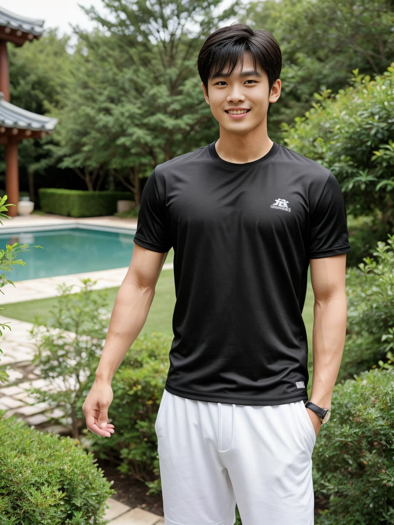 独奏: 1.5, (As a matter of fact, Masterpiece, 8k HD, good light quality, sportswear, fit the face, complicated details), A handsome, muscular young Korean man. , 20 years old, be happy, smile brightly, detailed face, delicate eyes, period, black eyes, Black hair color, ผมsmooth, smooth, Sunny,sky,Surreal,Awesome details,Highest quality,real,Open your mouth to talk. , Wear a tight black t-shirt.:1.6, outdoor sports, Along the garden