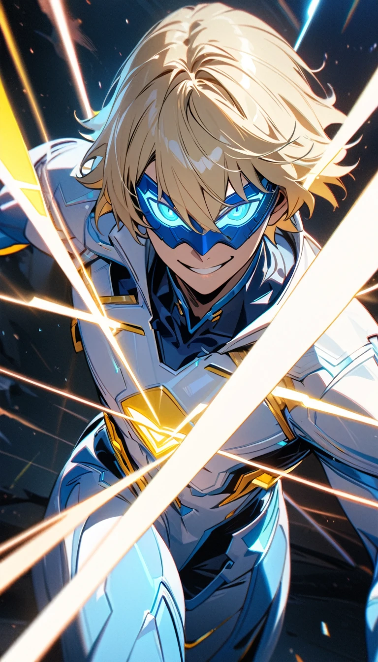 Adult guy, short blonde hair, blue eyes, light blue superhero form, yellow elements, duperhero mask, smile, lasers, Masterpiece, best quality, Full HD, 8k, ultra details, great graphic