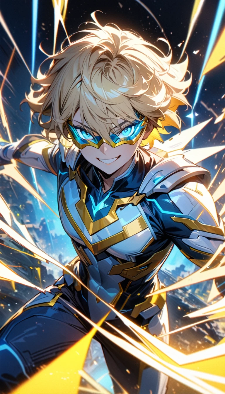 Adult guy, short blonde hair, blue eyes, light blue superhero form, yellow elements, duperhero mask, smile, lasers, Masterpiece, best quality, Full HD, 8k, ultra details, great graphic