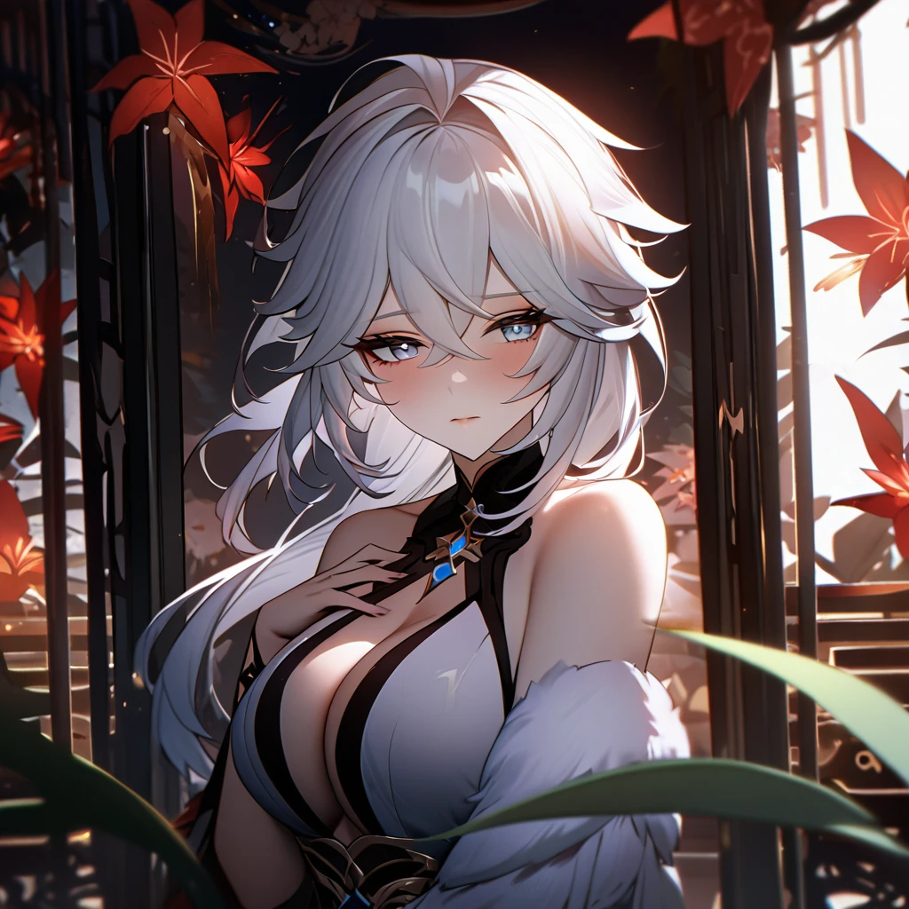 One leaf (Genshin Impact) Girlfriend Chinese Dragon Girl White Hair Sapphire Eyes, Romantic, Fluffy, Ultra-high quality, 8K.Large Breasts