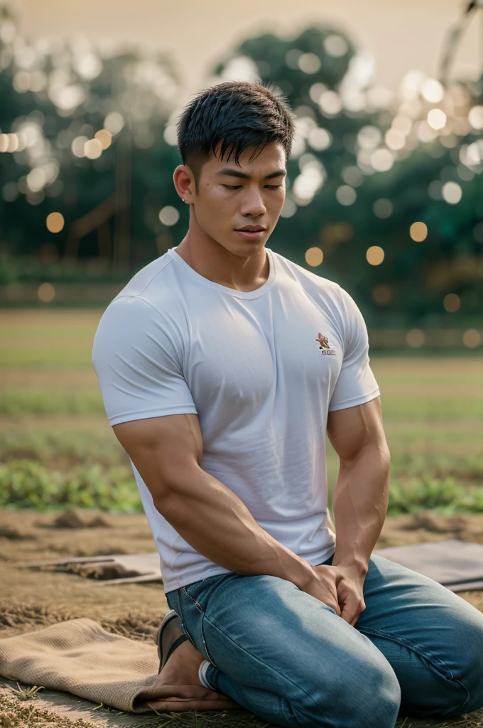 solo , 1 person sits on the floor, eyes closed, head raised. , Picture of a handsome Asian rugby player, short hair, no beard, muscular, big muscles, wearing a wet white t-shirt, jeans, outdoors, countryside. (field:1.2), thailand ,(bokeh background:1.5)