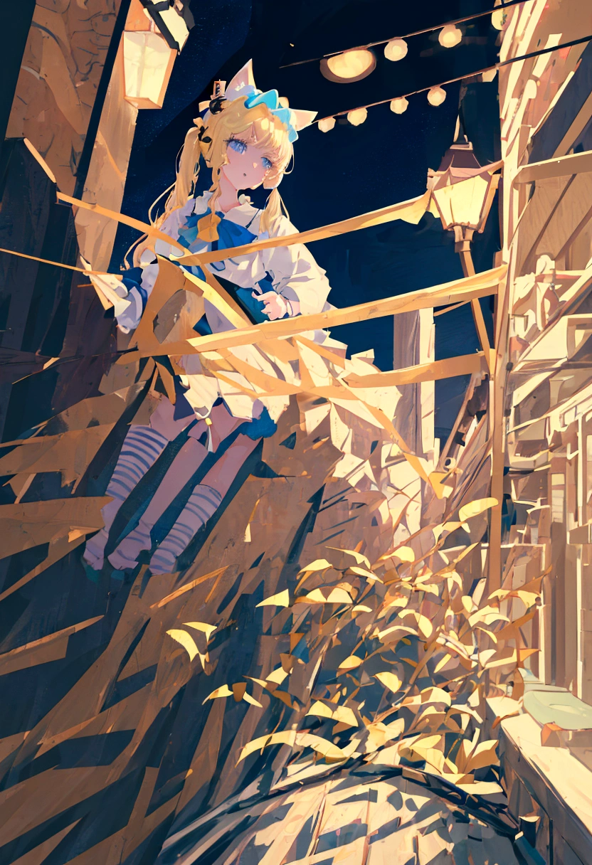 (best quality,4k,highres,masterpiece:1.2),ultra-detailed,realistic:1.37,blonde girl with long pigtails,blue eyes, wearing a cat ear hat, night background, street lamps lighting up the scene, nude