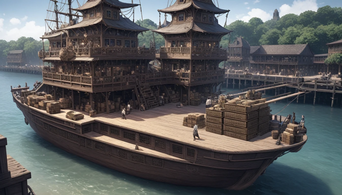 A pirate ship bigger than a building、A lot of supplies are loaded from the pier.　Disaster for the ship々A mysterious pattern was engraved on it.
