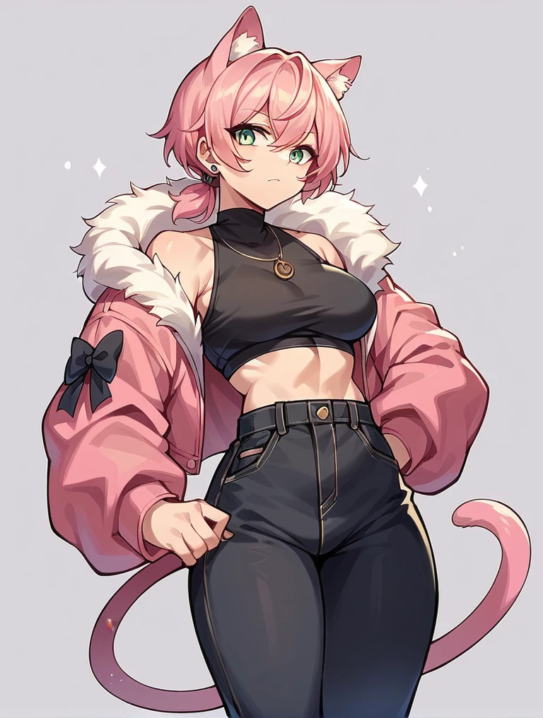 A 23-year-old girl, wearing a pink jacket and long black pants, with short hair and a ponytail, and has black cat ears, a black cat tail, and pink boots.