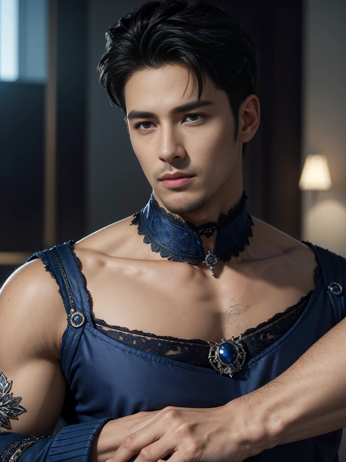 ((masterpiece)),((best quality)),8K,high detail,Very detailed, Very manly,3 men, like,fashion pose, Realistic skin texture, Light,
Royal blue style couple,Perfect hand details