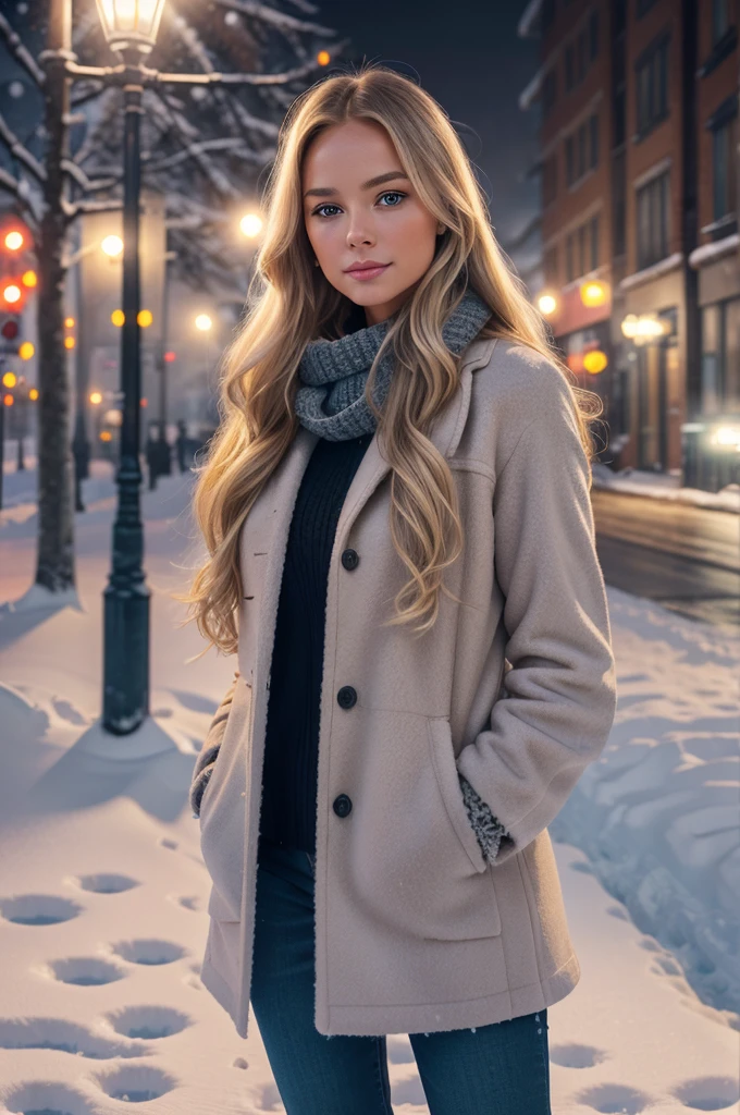 professional portrait photograph of a gorgeous Norwegian girl in winter clothing with long wavy blonde hair, sultry flirty look, gorgeous symmetrical face, cute natural makeup, wearing elegant warm winter fashion clothing, ((standing outside in snowy city street)), stunning modern urban environment, ultra realistic, concept art, elegant, highly detailed, intricate, sharp focus, depth of field, f/1. 8, 85mm, medium shot, mid shot, (((professionally color graded))), bright soft diffused light, (volumetric fog), trending on instagram, hdr 4k, 8k