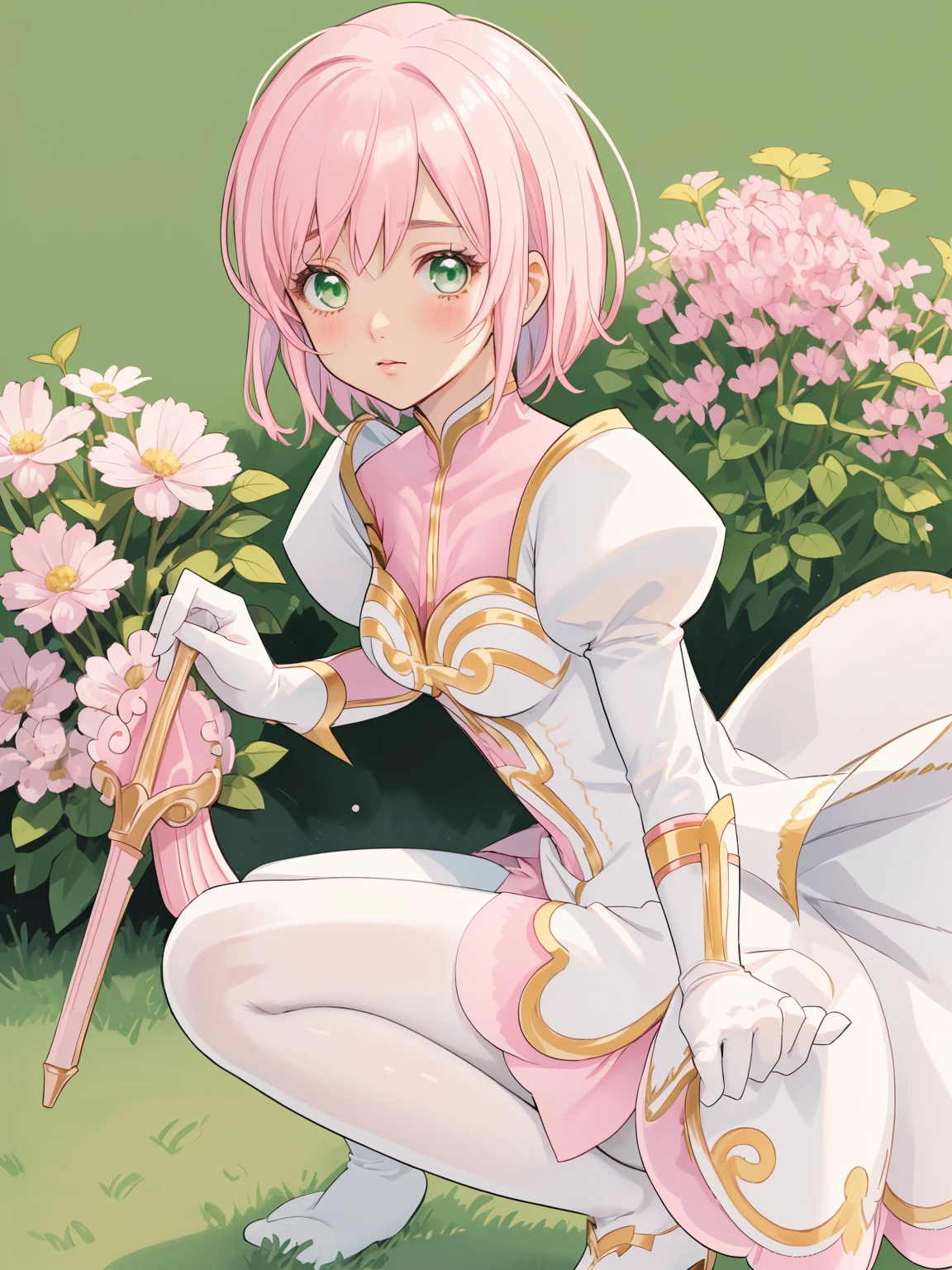 masterpiece, Highest quality, alone, One Girl,Estellise Sidos Heurassein, Pink Hair, short hair, Green Eyes, Small breasts, White and pink dress, Glamorous Dress, Pink collar, Pink Skirt, White boots, White gloves, (Black Pantyhose, Black legwear:1.1)whole body, Little:5, cute, (Beautifully detailed face), (Beautiful attention to detail), (Beautiful detailed hair), squatting, ass pov