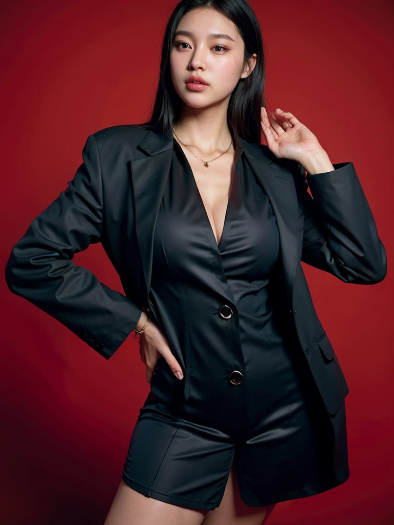 Cool beauty,Looks sweet. Wearing black oversize blazer, deep v, show , big breast, body, big thigh. Black pants. Red background.